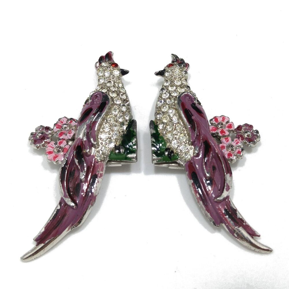 Duette Bird Brooches, Unsigned, Coro Style, Set of Two, Rhinestone Enamel, 1940s
